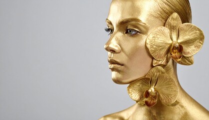 Luxury Beauty Portrait of Woman with Gold Orchid Flowers and Golden Makeup. Beauty of a woman adorned with gold orchid flowers in her hair and ear, featuring luminous golden makeup and smooth skin. 