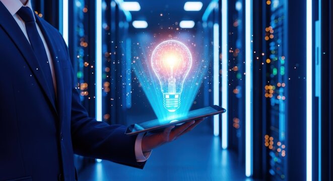 Business professional holding tablet displaying a glowing light bulb hologram symbolizing digital innovation and data center technology solutions - Powered by Adobe