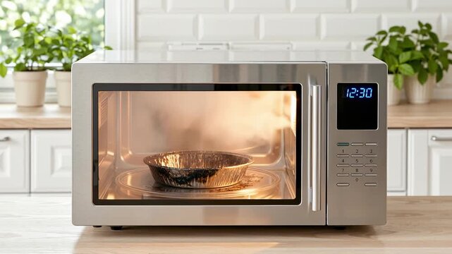 a microwave heats an aluminum tray, causing sparks and severe overheating that leads to smoke and burning damage inside the appliance