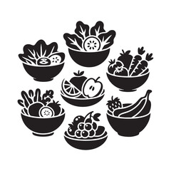 food bowl silhouettes set with fruits and healthy meals in black vector style
