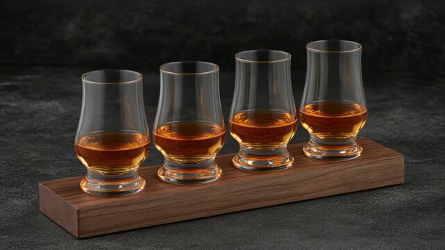 Whiskey tasting flight wooden paddle with four glass Glencairn style glasses and warm amber liquid