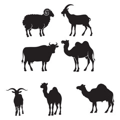 Vector of silhouettes of domestic animals such as dogs, sheep, cows, goats and camels on a white background