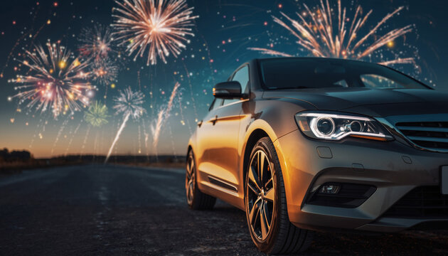 A luxurious happy new year car parked on an open road, brilliantly illuminated by a spectacular display of vibrant fireworks under a twilight sky, symbolizing celebration and new beginnings - Powered by Adobe