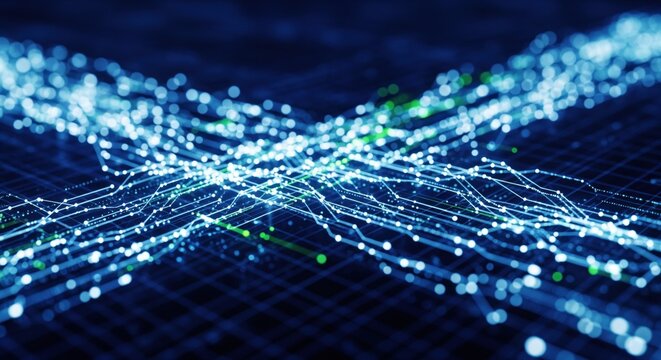 abstrakte digitale datenstrom kreuzung in blau auf dunklem hintergrund