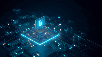 デジタル回路基板上に浮かぶ青く光る南京錠と盾
