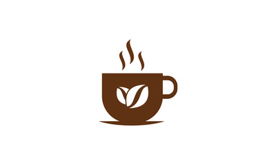 A simple brown coffee cup with steam and coffee beans logo.