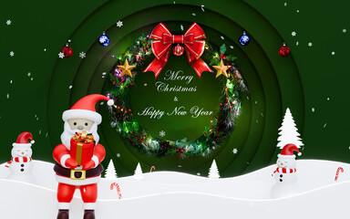 Merry Christmas festive composition showing Santa Claus, reindeer, snowflakes, and holiday ornaments on a vivid red layered background 3D Rendering