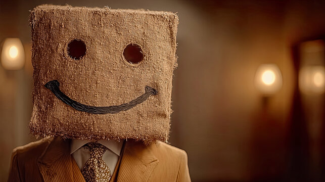 Person wearing paper bag mask with smiley face
