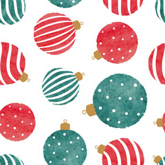 Christmas balls seamless pattern. Holiday watercolor background, wrapping paper or fabric design