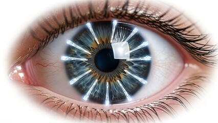 A detailed eye with digital enhancements resembling futuristic technology in bright light.