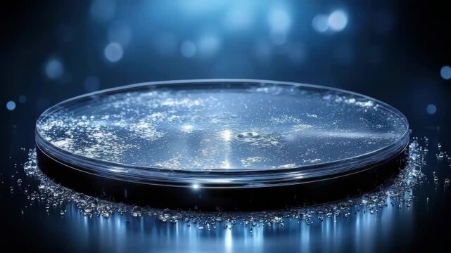 Shiny glass disk with water droplet bokeh reflection circular platform liquid sparkling glass petri