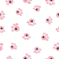Cartoon animal paw print seamless watercolor pattern in pink color