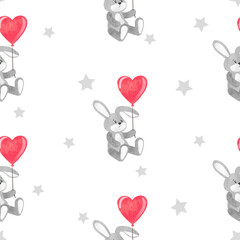 Seamless pattern with watercolor toy bunny and heart balloon. Birthday or Valentines day background