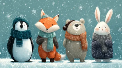 Fototapete Waldtiere Charming illustration of four cartoon animals in winter attire standing in falling snow, creating a heartwarming holiday scene  © sablengjago