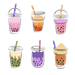 Bubble tea cup vector set. Colourful collection of hand drawn pearl milk tea	