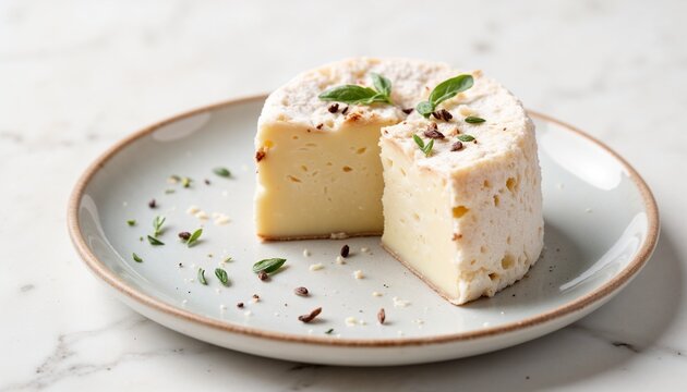 Provoleta cheese slices served on plate with herbs, Argentine grilled cheese still life, minimal dairy food composition, clean tabletop, copy space