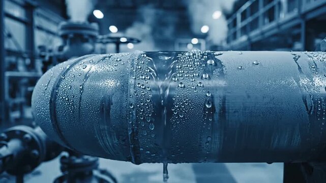 Close up of a large blue industrial metal pipe with condensation dripping down its surface and steam rising in the background of a factory setting with blurred machinery and pipes under dim