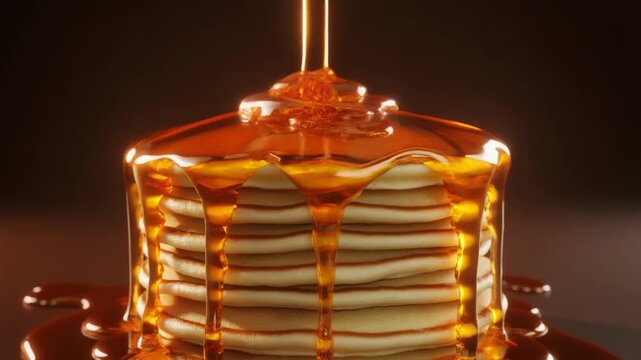 Slow-motion maple syrup pouring over a stack of fluffy American pancakes, creating a rich, glossy cascade, perfect for breakfast, diner food, dessert, and indulgent food visuals.