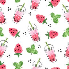 Strawberry bubble tea seamless pattern. Vector background with fruit boba drink in glasses