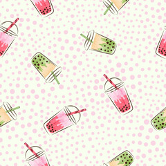 Seamless bubble tea drink pattern. Colorful vector background with hand drawn boba in glasses