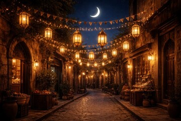 Obraz premium Ramadan Crescent Moon and Traditional Lanterns at Night
