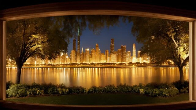 Golden city skyline reflection on calm river at dusk framed by park trees and window