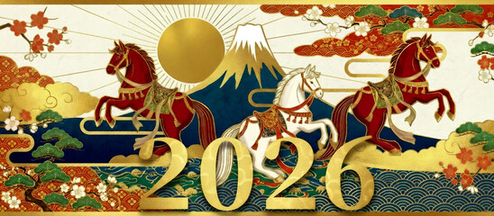 正月の馬の絵　2026年文字入り　干支、新年、豪華