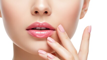 Fototapeta premium Woman's face closeup with glossy lips and manicured nails