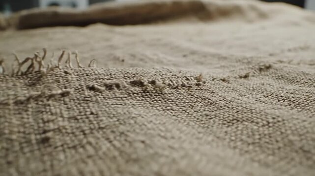 Close up of a vintage wooden mannequin leg articulated jointed resting on rough textured burlap fabric with frayed edges and soft diffused lighting casting subtle shadows on a white surface creating