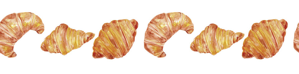 Fresh golden croissants watercolor illustration, border, frame, seamless, isolated image, food, baked goods, bakery, breads, pastries, dessert, cafe menu, clipart, clip art, set, collection, PNG
