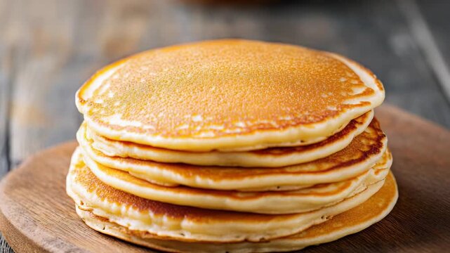 Fluffy golden pancake stack breakfast served on wooden board with warm lighting and soft texture