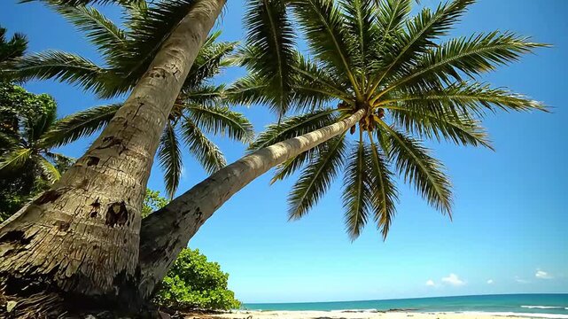 Stunning tropical beach paradise with palm trees swaying gently against a clear blue sky on a perfect sunny day cinematic footage