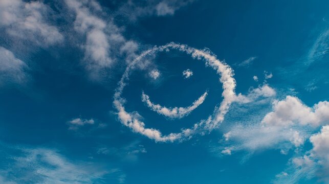 A smiley face drawn in the sky using clouds against a clear blue backdrop. --ar 16:9 --v 7 Job ID: a3e76a50-8385-4741-a926-f8e5d695b3e9