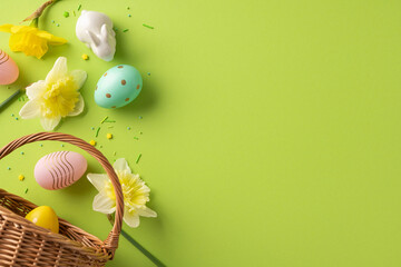 Vibrant Easter scene with pastel eggs, a wicker basket, and bright yellow flowers set on a lime...