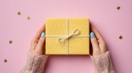 Female hands in sweater holding yellow gift box with polka dot wrapping paper and ribbon on pastel pink background, festive present surprise concept.