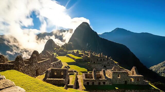 Sunrise over ancient inca citadel machu picchu peru with dramatic clouds and majestic mountain panorama