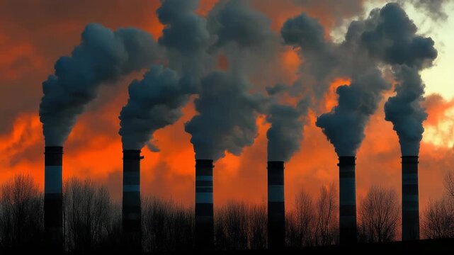 Smokestack chimney emitting thick smoke sunset over leafless tree silhouette, dramatic pollution