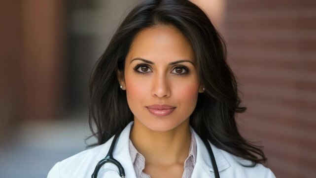 Confident female doctor portrait outdoors with stethoscope and medical coat clinician smiling