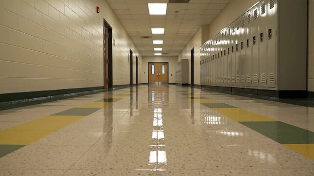 Empty School Hallway With Lockers And Fluorescent Lighting Reflecting On The Polished Floor In A Straight Perspective View