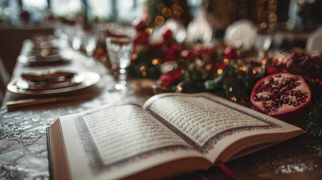 Close up shot of opened quran on festive table 