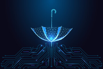 Glowing umbrella on circuit board, cybersecurity shield and digital protection vector