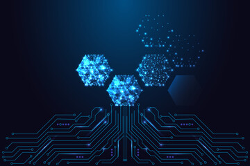 Futuristic glowing hexagons on circuit board, digital structure and tech network vector illustration