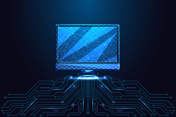 Glowing digital computer monitor on circuit board, tech interface and display system vector