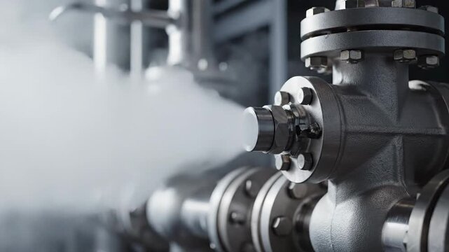 Industrial Pipe Valve Leaking Steam in a Factory Setting with Metallic Flanges and Bolts Under Low Light Conditions