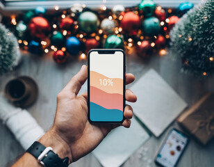 Smartphone con anuncio de rebajas &ldquo;SALE&rdquo; y porcentaje, rodeado de decoraci&oacute;n navide&ntilde;a para compras online
