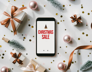 Smartphone con anuncio de rebajas &ldquo;SALE&rdquo; y porcentaje, rodeado de decoraci&oacute;n navide&ntilde;a para compras online