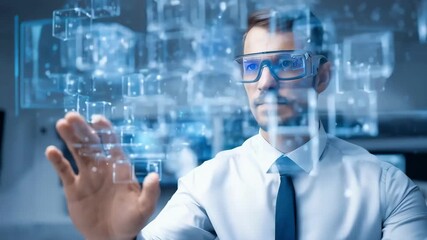 Tech specialist interacting with a transparent digital ledger interface demonstrating blockchain data verification and transaction transparency. - Powered by Adobe