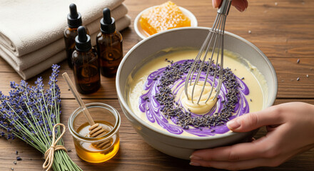 Close-up of hands creating handmade natural soap using lavender and honey.