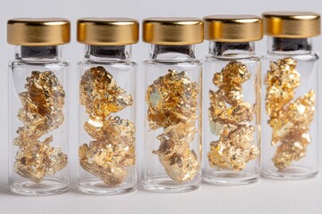 Intact Raw Gold Nuggets in Glass Vials with Golden Caps Showcasing Natural Wealth