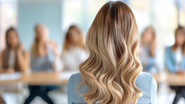 Interviewee's Perspective: A focused image of the back of a woman with flowing, blonde hair, presumably an interviewee, facing a panel in a brightly lit room.